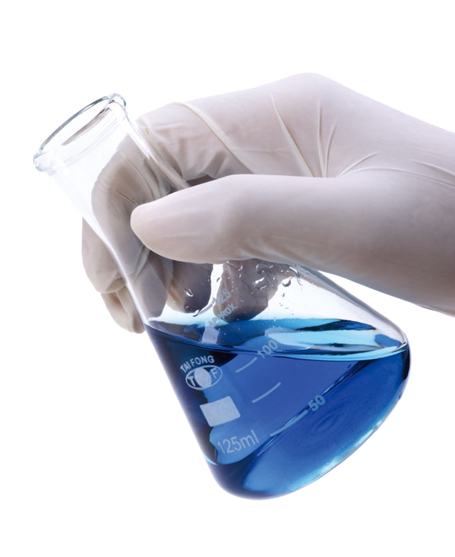 Gloved hand holding a conical flask of blue reagent