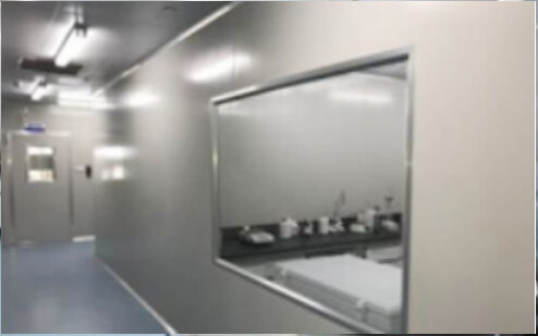 Clean-room corridor with observation window