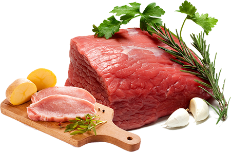 Raw beef and pork on a cutting board with herbs
