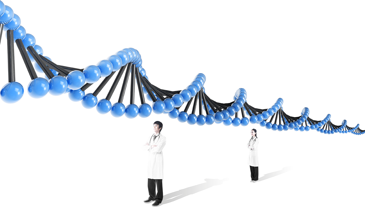 Two researchers standing beneath a large DNA helix model