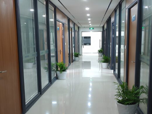 Office corridor with glass-walled rooms and plants